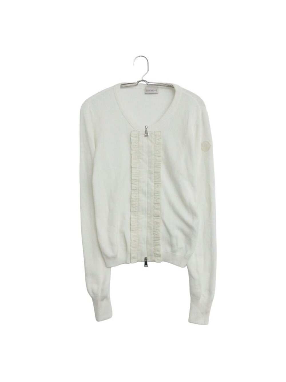 Moncler Cardigan Knit Jacket Ruffle Zip Up Arm Logo Patch White